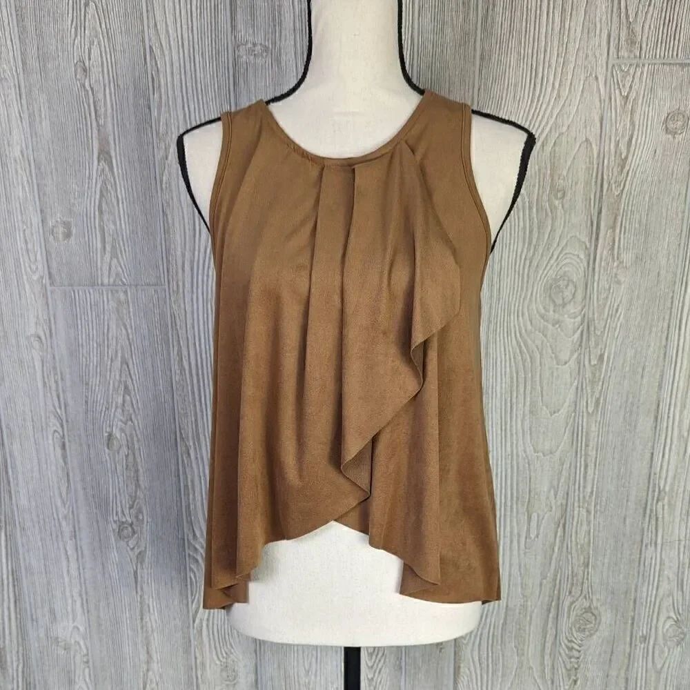 Tyche Women’s Medium Brown Sleeveless Asymmetrical Boho Blouse Top Stretch